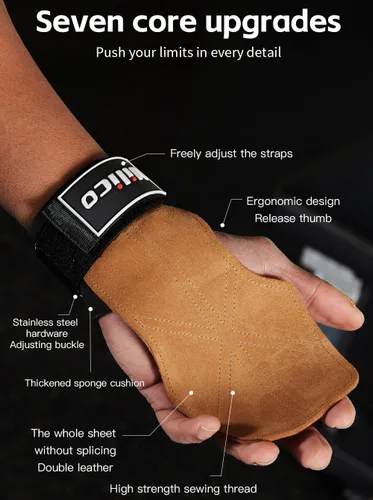 Miniatura 6 de Guantes de cuero para levantamiento de pesas, correas de muñeca para levantamiento de pesas, correas de levantamiento de pesas ajustables, agarre