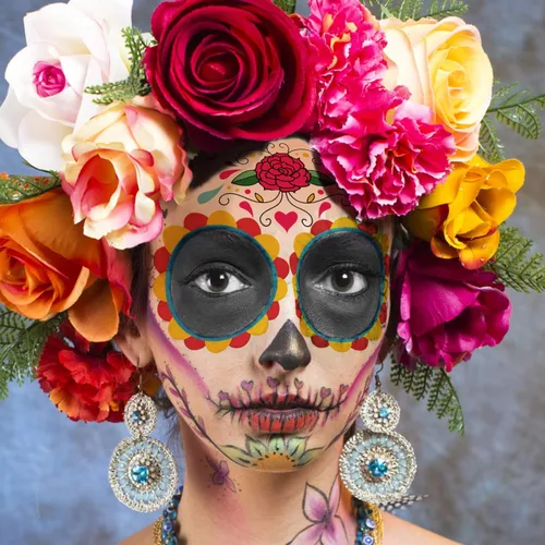 Miniatura 3 de Kit de maquillaje de tatuajes faciales del Día de los Muertos, paquete de 10 tatuajes temporales para Halloween, calavera de azúcar, rosas rojas