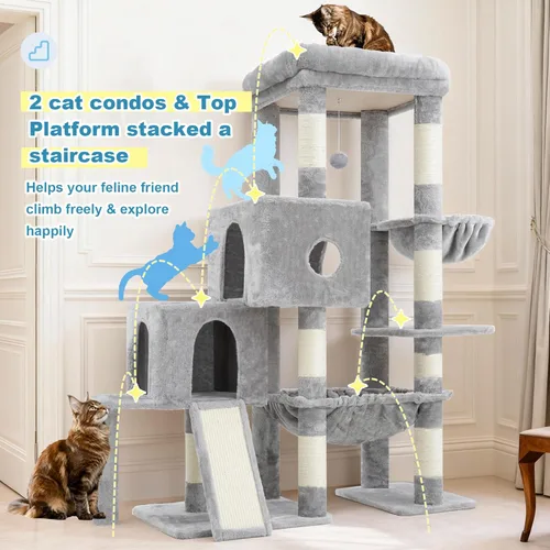 Miniatura 3 de Hey-brother Torre de árbol para gatos, postes rascadores con plataforma grande, 2 condominios, hamaca espaciosa, cesta acogedora, tabla de sisal