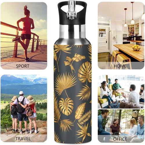 Miniatura 5 de Insulated Stainless Steel Water Bottle with Straw 20 Oz, BPA-Free Sports Water Bottle with Straw for Gym Outdoor Travel School, Tropical Leaves