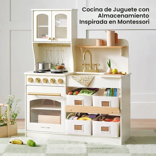 Miniatura 2 de Tiny Land - Cocina de juguete para niños, de madera, con sistema de almacenamiento, juego de cocina con muchas funciones de juego, de juguete