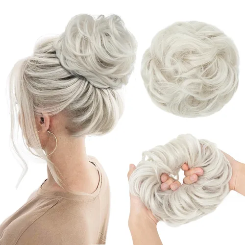 Miniatura 22 de CJL HAIR Extensiones de cabello sintético de moño desordenado, ondulado, rizado, grueso, para coleta, para mujer (rubio blanco)