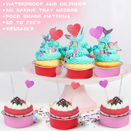 Miniatura 3 de El juego de 300 moldes para tartas de corazón incluye 3.4 onzas de aluminio desechable de San Valentín, molde para hornear postres, cuchara de Rojo