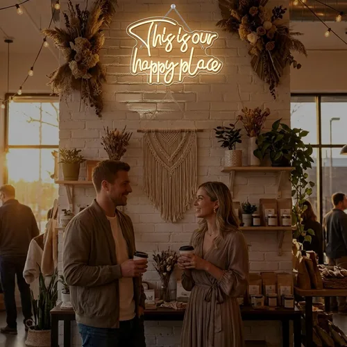 Miniatura 6 de NOSUN Letrero de neón con texto en inglés «This is Our Happy Place» para decoración de pared, regulable, luz blanca cálida, para dormitorio, aula