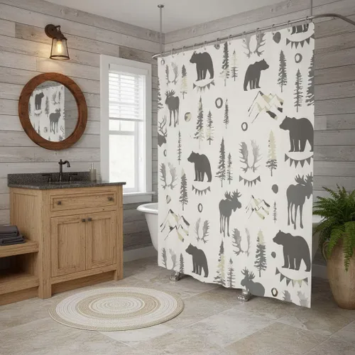Miniatura 3 de Cortina de ducha de oso de 72 x 72 pulgadas, decoración de baño de bosque de montaña con ciervos y pinos, juego de tela impermeable con temática