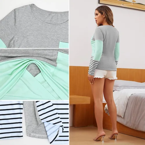 Miniatura 64 de Bhome Camiseta de lactancia con bloque de color de manga corta para lactancia materna camisa de embarazo con bolsillo