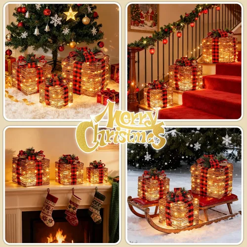 Miniatura 7 de LAWOHO - Juego de tres cajas de regalo de iluminación navideña de tres piezas de 31 cm, cajas de regalo LED operadas por batería y USB con imitación