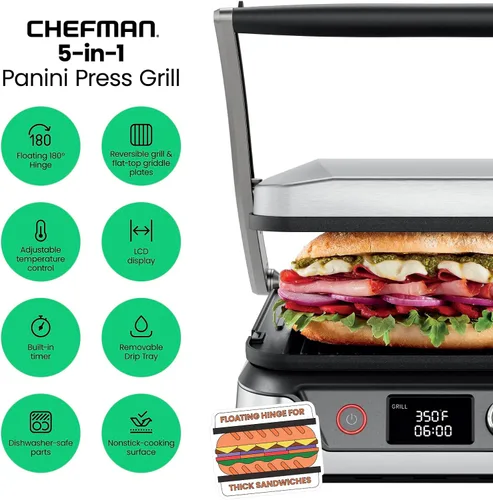 Miniatura 2 de Chefman Prensa de panini digital 5 en 1 y parrilla para sándwiches y plancha para parrilla con placas de asado reversibles y lavables