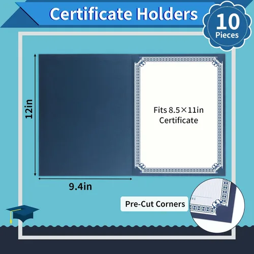 Miniatura 2 de Paquete de 10 soportes para certificados, cubiertas de certificado azul marino, soportes para diploma, carpetas de certificados con borde de lámina