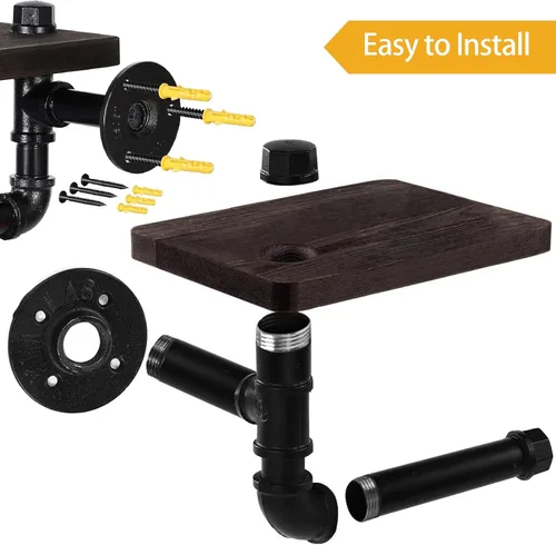 Miniatura 5 de Soporte de papel higiénico con estante, colgador industrial de papel higiénico montado en la pared con estante de madera rústica para baño, baño