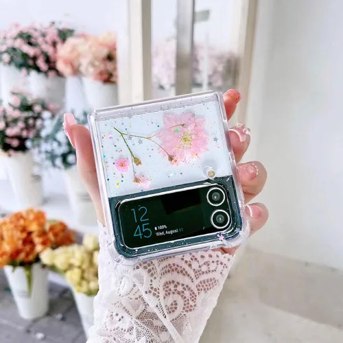 Miniatura 3 de Abbery Funda transparente para Samsung Galaxy Z Flip 3 5G, transparente y con diseño de purpurina bonita con purpurina floral prensada de Rosa
