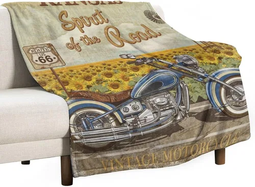 Miniatura 60 de Manta de motocicleta antigua, rústica y clásica, con temática de auto clásico, ruta de EE. UU., 66, patrón impreso, manta de franela súper suave
