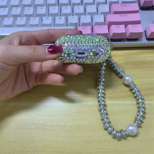 Miniatura 8 de Funda con diseño de diamantes de imitación brillantes con láser para AirPods Pro 2 con pulsera, bonita funda para auriculares con purpurina