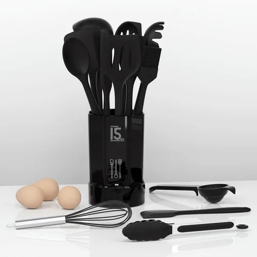 Miniatura 6 de AOTHOD Juego de utensilios de cocina de silicona, resistentes al calor, pinzas giratorias, espátula, cuchara, cepillo, batidor, juego de Negro