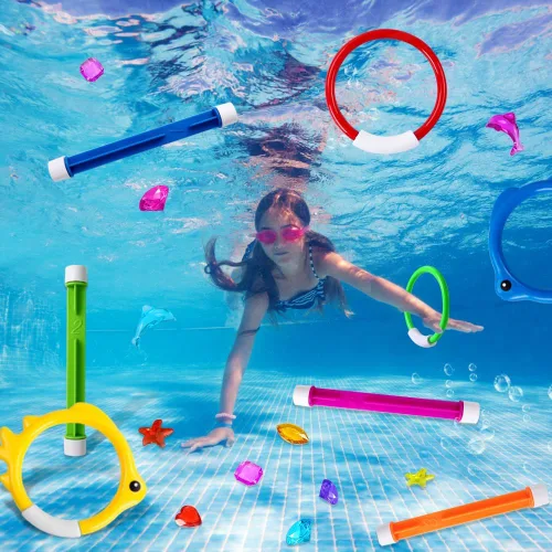 Miniatura 5 de YUJUN 18 piezas de juguetes de buceo y natación para piscina, juegos de verano subacuáticos con peces de piscina, varillas de buceo, anillos, gemas