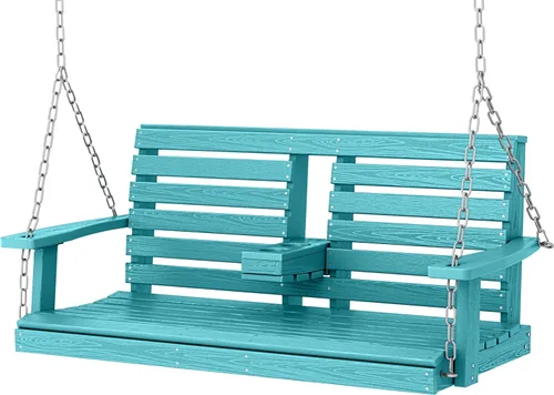 Miniatura 53 de KINGYES Columpio colgante para porche al aire libre, silla de columpio de patio de 2 asientos con portavasos, banco impermeable para patio y jardín
