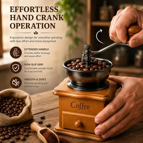 Miniatura 7 de Molinillo de café manual de madera vintage, molinillo de manivela decorativo retro con rebabas de cerámica, molinillo de granos de café antiguo