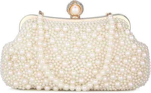 UBORSE Bolso de mano de perlas para mujer, bolso de noche con cuentas de cristal noble para boda, con cadena de perlas