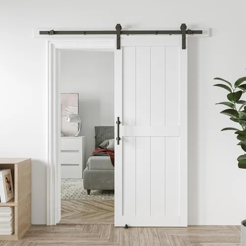 Miniatura 20 de Puerta corrediza de granero MDF de 36 x 84 pulgadas con kit de herrajes para puerta de granero de 6.6 pies y asa, agujeros preperforados, fácil