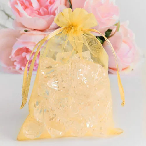 Miniatura 2 de Super Z Outlet Paquete de 100 mini bolsas transparentes de organza transparentes con cordón de 4 x 6 pulgadas, bolsas de joyería para bodas, Dorado