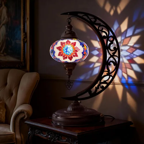 Miniatura 5 de Lámpara de mesa turca de mosaico en forma de media luna, lámpara de escritorio marroquí estilo luna boho hecha a mano, iluminación decorativa