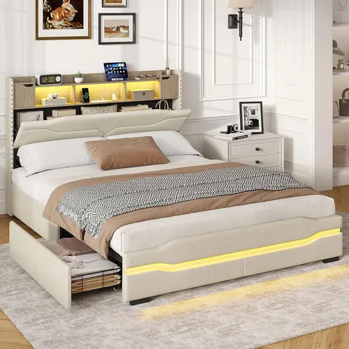 Miniatura 5 de Maupvit Base de cama matrimonial con cabecera de almacenamiento, 4 cajones debajo de la cama y luces LED, plataforma tapizada con estación de carga