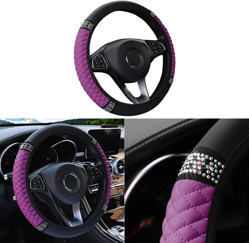 Miniatura 19 de Funda brillante para volante de automóvil, protector de cuero con diamantes de imitación de cristal para automóvil, accesorios de decoración