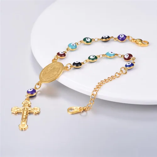 Miniatura 2 de U7 Collar de rosario de acero inoxidable para hombre y mujer, con cruz de ojo malvado