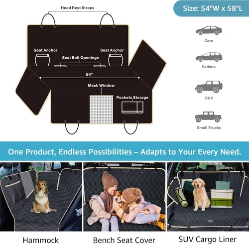 Miniatura 5 de Lassie Fundas de asiento de coche para perro para asiento trasero con 2 cinturones de seguridad, hamaca impermeable para automóvil para perro
