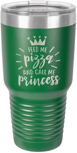 Miniatura 22 de Vaso grabado con pajita y tapa superior deslizante de acero inoxidable para viaje con texto en inglés "FEED ME PIZZA AND CALL ME PRINCESS