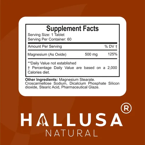 Miniatura 5 de Hallusa Natural Magnesio para calambres en las piernas, magnesio como óxido 500 mg, 60 cápsulas, suministro de 60 días, relajación muscular, alta