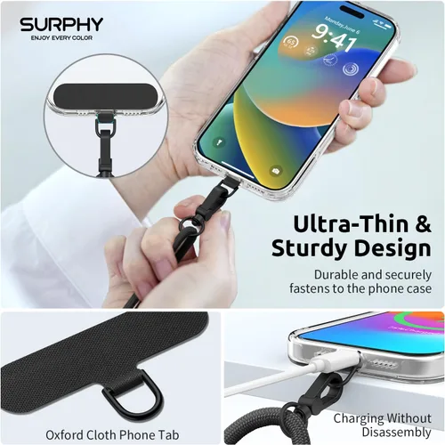 Miniatura 4 de SURPHY Cordón para teléfono, correa cruzada ajustable para teléfono con 2 pestañas de amarre para teléfono celular, hebillas de metal de alta Negro