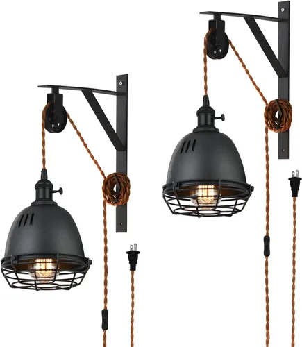 Miniatura 7 de Apliques de pared de granja con polea colgante de pared con enchufe e interruptor marrón de 7 pies, aplique de pared ajustable, pantalla negra arena