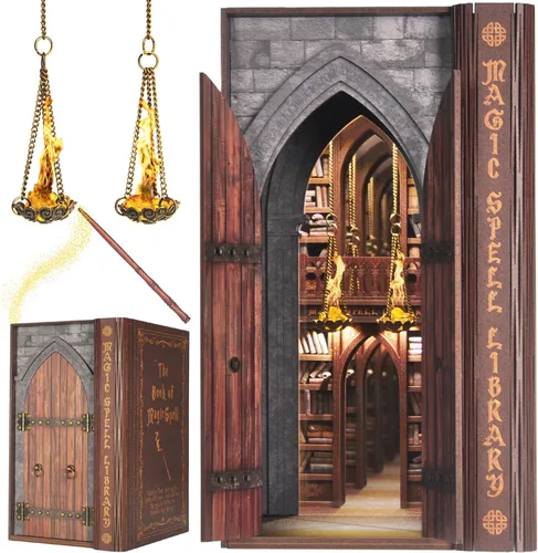 DolphinIsle Kits de rincón de libros para adultos, decoración de estantería de libros DIY rompecabezas 3D biblioteca de hechizos mágicos con ilusión