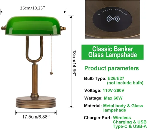 Miniatura 2 de Lámpara de Banco de Vidrio Verde, Lámpara de Escritorio Retro con Puerto de Carga Inalámbrica USB, Lámpara de Mesa con Cadena Clásica, para Mesita