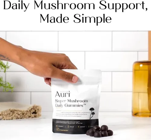 Miniatura 7 de Auri Nutrition Super Mushroom Daily Gummies – Gomitas funcionales todo en uno con 12 mezclas de hongos, incluyendo melena de león, reishi, chaga