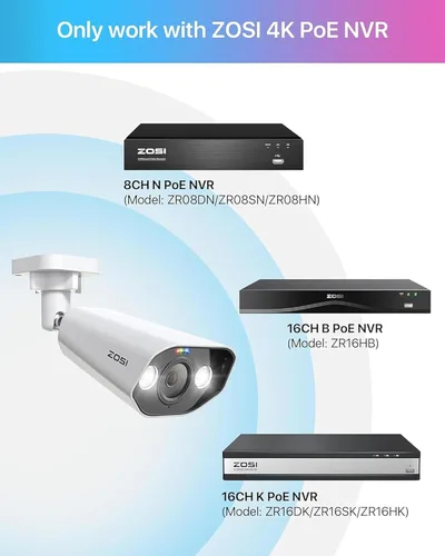 Miniatura 2 de ZOSI 5MP PoE CCTV Camera with Person Vehicle Detection, Outdoor Indoor Bullet Camera, Color Night Vision, 2-Way Audio, Sound & Light Alarm, Home