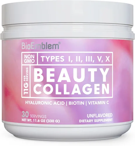 BioEmblem Beauty Collagen - Complejo de colágeno múltiple, ácido hialurónico, vitamina C y biotina, fuentes de membrana bovino, pescado, caldo de