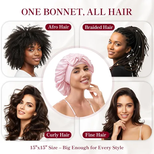 Miniatura 4 de Gorro de satén de seda con banda de amarre para dormir, para mujeres de cabello rizado: gorro de noche para cabello liso, ondulado, ensortijado, Rosa