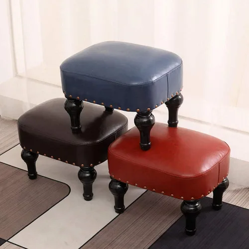 Miniatura 7 de Reposapiés tapizado vintage de cuero marrón - taburete de madera de goma del sofá del pie
