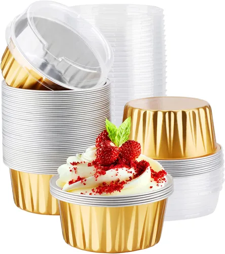 Miniatura 19 de EUSOAR Tazas de aluminio para hornear, paquete de 30 tazas de 5 onzas para cupcakes con tapas, moldes de pastel de 4.2 fl oz, flanes de postres, Azul