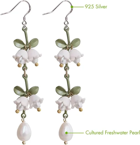 Miniatura 4 de Juego de aretes colgantes hechos a mano, pulseras para mujer, aretes de onda torcida en tono plateado, aretes vintage de perlas cultivadas de lirio