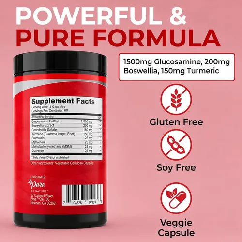 Miniatura 6 de Pure By Nature Glucosamina condroitina MSM cúrcuma Boswellia (suministro para 60 días) – Suplemento de apoyo articular para mujeres y hombres, apoyo