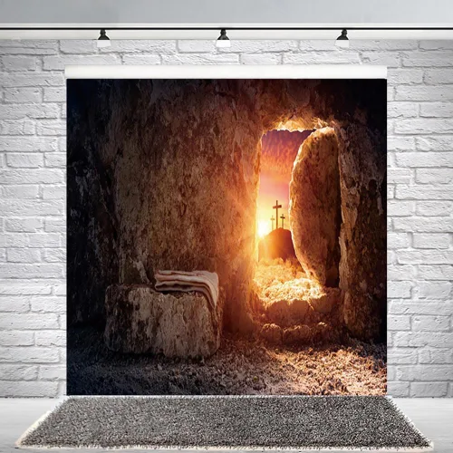 Miniatura 15 de Fondo de fotografía de tumba vacía de 6 x 4 pies, puesta de sol con luz sagrada, tres cruces en la montaña, Jesucristo, agujero de piedra, telón