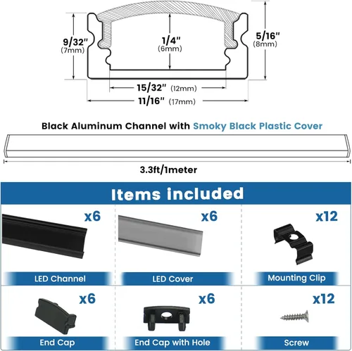 Miniatura 3 de Muzata Paquete de 6 canales LED de aluminio negro en forma de U de 3.3FT/1M con cubierta negra ahumada transparente fácil instalación U1SW BB 1M