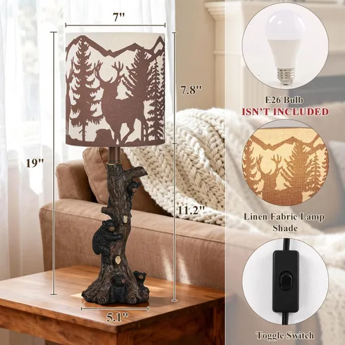 Miniatura 7 de LOKHOM Lámpara de mesa rústica con oso de escalada para dormitorio, lámpara de mesa de noche pequeña de 19 pulgadas con pantalla de bosque de osos