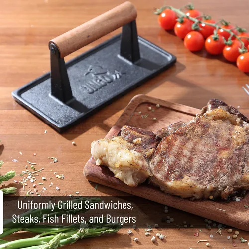 Miniatura 6 de UNCO Prensa de parrilla de hierro fundido: 6.9' redondo y 8.3' x 4.3' rectangular - Prensa de hamburguesas y carne, ideal para planchas