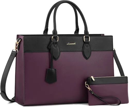 Miniatura 12 de LOVEVOOK Bolsa para laptop para mujer, bolsa de trabajo para laptop de 15.6 pulgadas, maletín grande de cuero impermeable para oficina, beige y negro