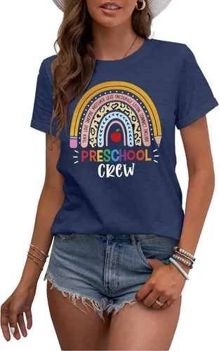 Miniatura 4 de MAIHUN Camisetas para profesores de preescolar para mujer, camiseta de cuello redondo con estampado de arco iris, manga corta