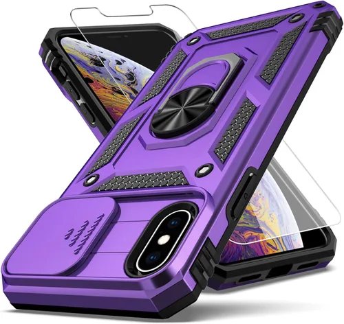 Miniatura 8 de Funda para iPhone X, iPhone Xs, cubierta de lente de cámara deslizante integrada+soporte de anillo de dedo+protector de pantalla, resistente a Negro